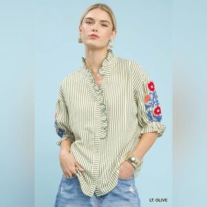 Umgee Embroidered Ruffle Trim Stripe Blouse